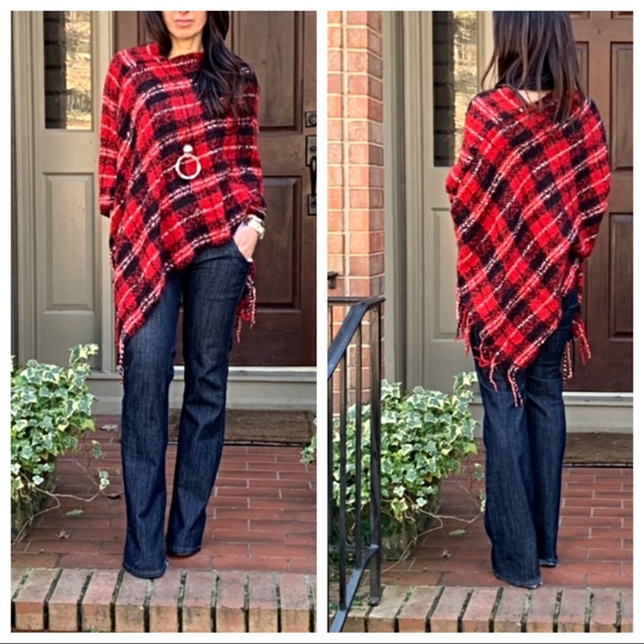 ✨LAST ONE ✨Red plaid fringe knit poncho - Picture 5 of 8